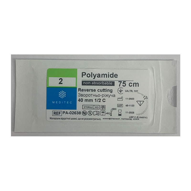 Матеріал шовний хірургічний, що не розсмоктується поліамід, USP 2 монофіламентний, синій, довжиною 75 см, Meditec®
